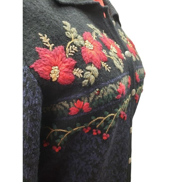 Talbots Floral Embroidered Cardigan Sweater, size L, Black w Red flowers, button - Picture 5 of 10